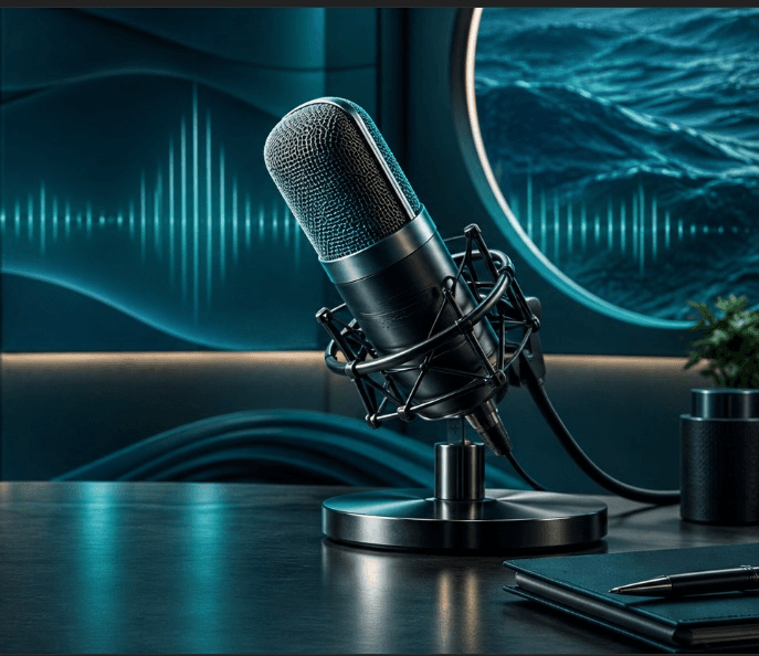 Professional broadcast microphone in an ocean-inspired studio