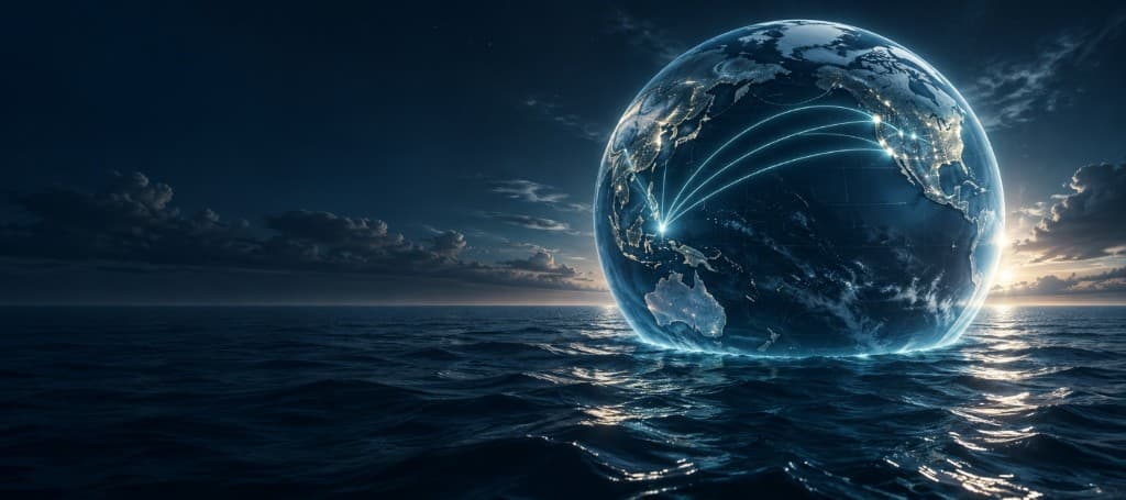 Glowing globe over the ocean representing listeners connected worldwide