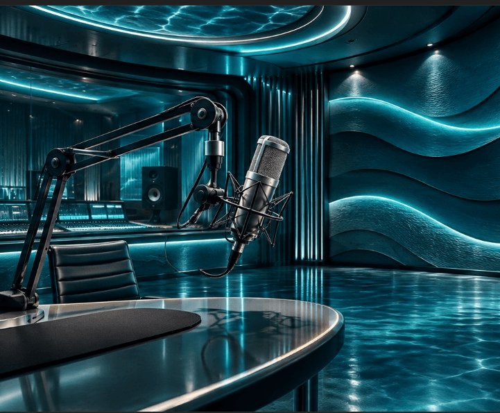 Ocean-themed broadcast studio with professional microphone