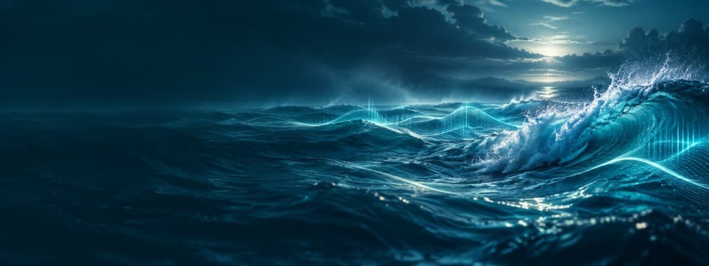 Dark ocean waves with luminous cyan sound waves across the water
